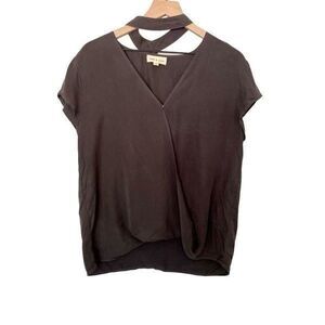 Cloth & Stone Medium Gray Short Sleeve Wrap Front Choker Shirt Top Tencel